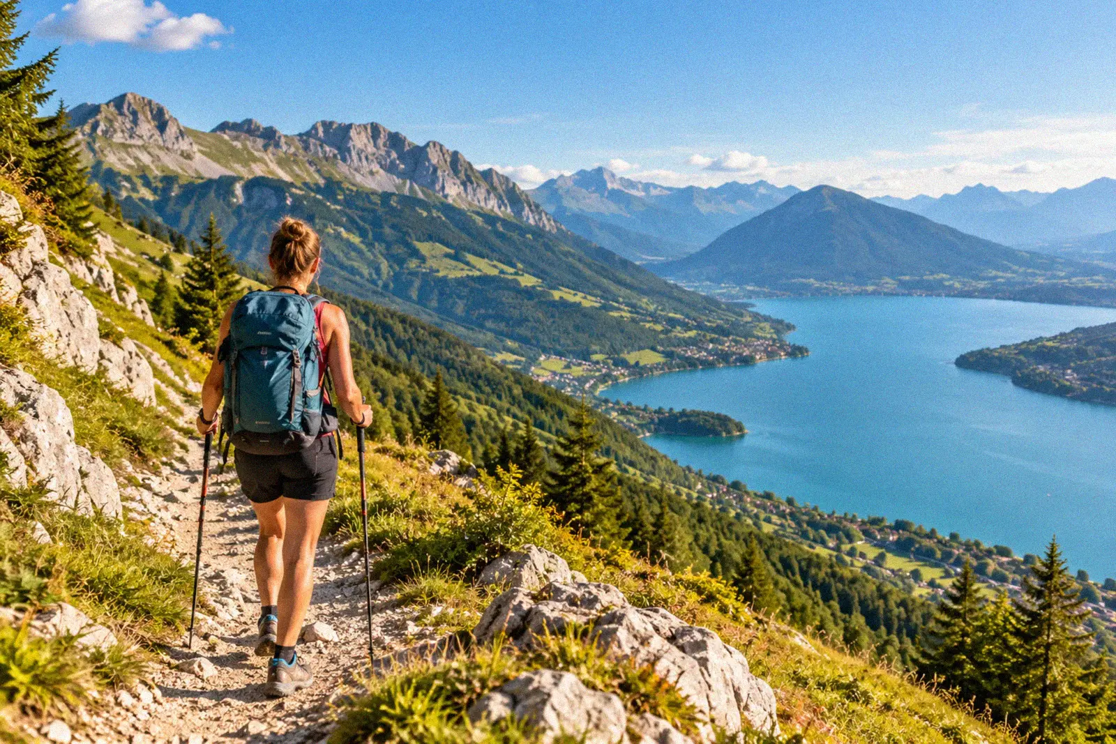 Randonneuse portant un sac à dos bleu sur un sentier caillouteux au-dessus du lac d’Annecy, eaux turquoise et massifs montagneux en arrière-plan